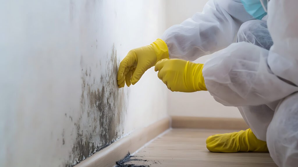 Indoor air quality specialist inspecting a wall for mold, wearing protective gear