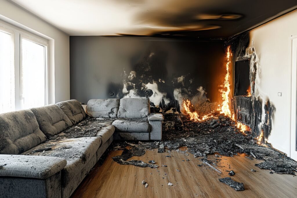 House fire damage in modern living room
